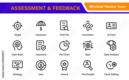 Assessment and Feedback icon pack. Includes rating stars, surveys, feedback forms, and assessment tools.