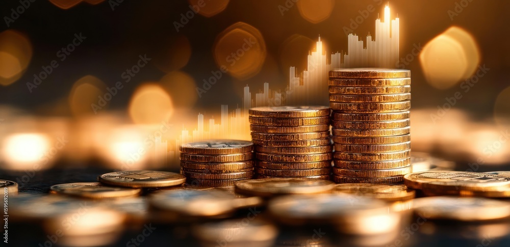 Stacks of golden coins arranged by increasing height with a glowing financial bar chart rising in the background symbolizing economic growth and wealth accumulation Stacks of golden coins arranged by increasing height with a glowing financial bar chart rising in the background symbolizing economic growth and wealth accumulation