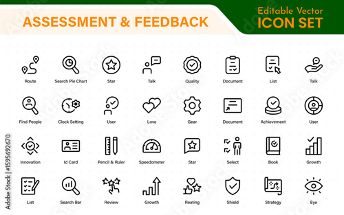 Assessment and Feedback icon pack. Includes rating stars, surveys, feedback forms, and assessment tools.