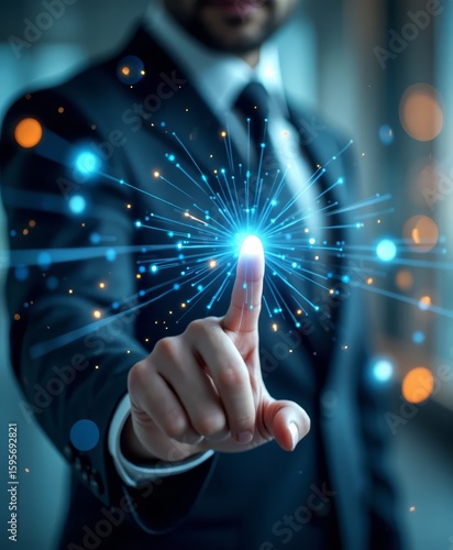 Business professional interacting with digital technology in modern office