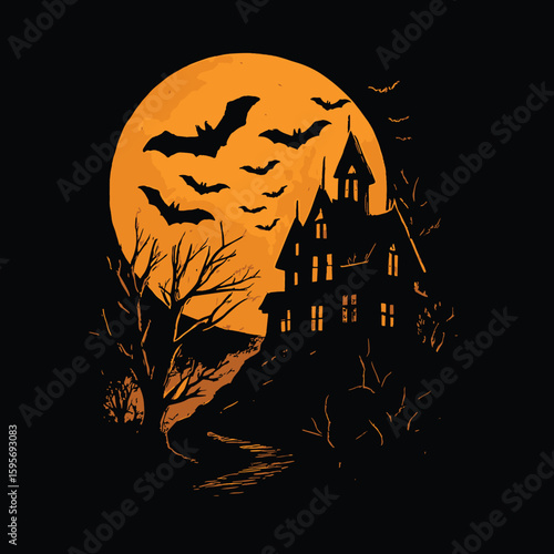 A spooky haunted house with bats flying in front of a full orange moon
