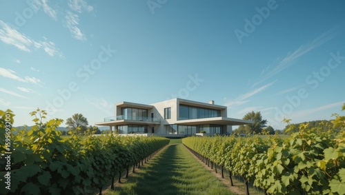 Modern Architectural House Overlooking Vineyard Under Clear Blue Sky