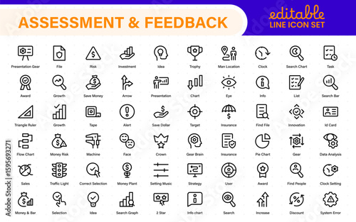 Assessment and Feedback icon pack. Includes rating stars, surveys, feedback forms, and assessment tools.