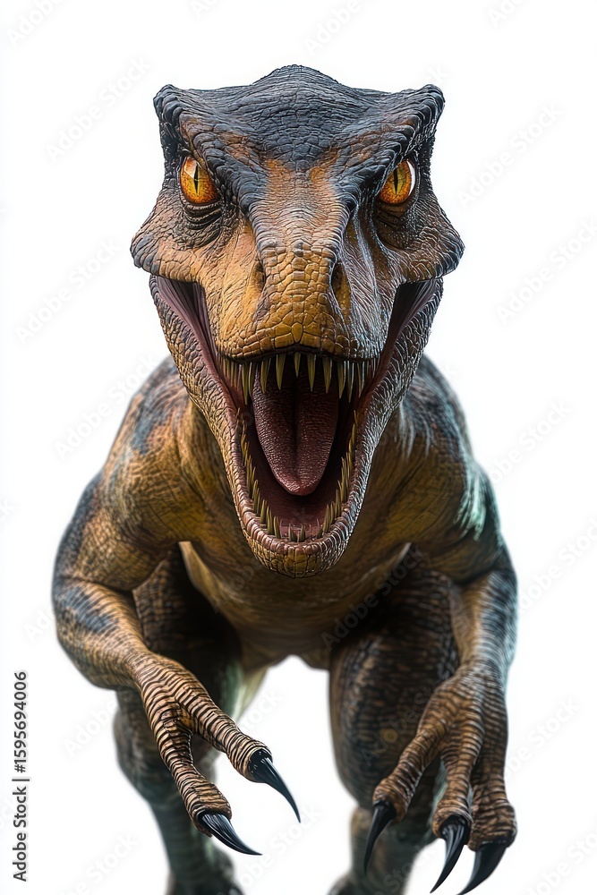 Naklejka premium Close-up of a fierce dinosaur with textured skin, sharp teeth, claws, and intense orange eyes roaring towards the viewer against a white background
