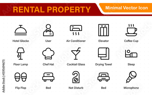 Rental property icons. Set of apartment reservation, hotel booking, five-star hotel, service line vector web icon.Hotel universal set with Building, Parking,  Meal, and Air conditioner.