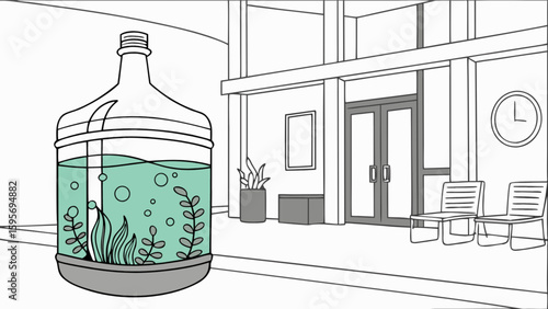 Aquarium in a large bottle with plants and bubbles in a waiting room with chairs and a clock on the wall