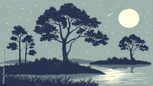 Silhouette of trees by a lake under a starry night with a full moon and a shooting star view scene