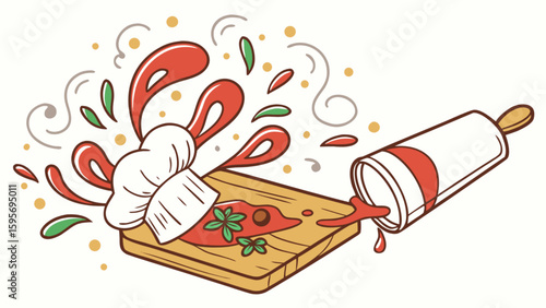 Illustration of a chef's hat on a cutting board with sauce and a rolling pin spilled over it