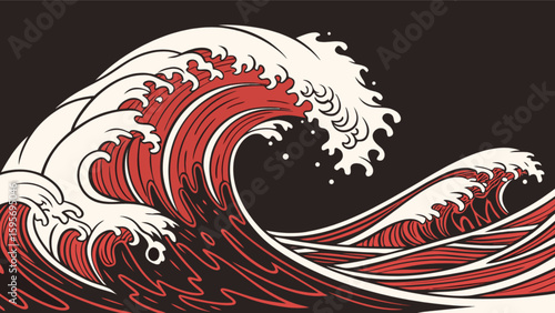 Illustration of a large red and white wave with a dark background in a japanese art style
