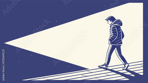 A person walking into the light wearing a jacket with hands in pockets in a dark blue setting