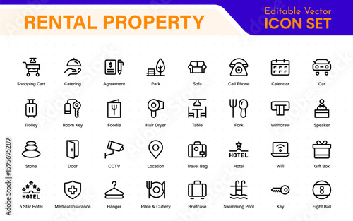 Rental property icons. Set of apartment reservation, hotel booking, five-star hotel, service line vector web icon.Hotel universal set with Building, Parking,  Meal, and Air conditioner.