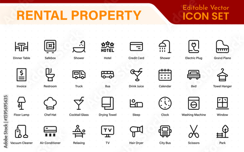 Rental property icons. Set of apartment reservation, hotel booking, five-star hotel, service line vector web icon.Hotel universal set with Building, Parking,  Meal, and Air conditioner.
