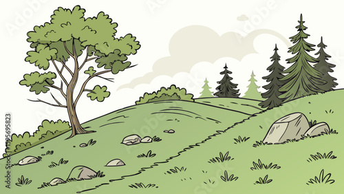 Illustration of a green hillside with a large tree and evergreen trees under a cloudy sky scene