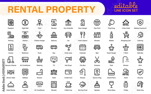 Rental property icons. Set of apartment reservation, hotel booking, five-star hotel, service line vector web icon.Hotel universal set with Building, Parking,  Meal, and Air conditioner.