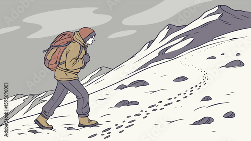 Man trekking up a snowy mountain with a backpack and visible footprints in the snow on a cloudy day
