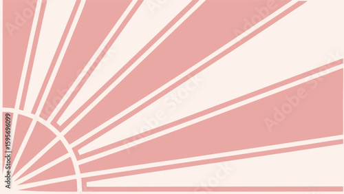 Rose colored sunburst design with radiating lines and partial circular arc elements in a retro style