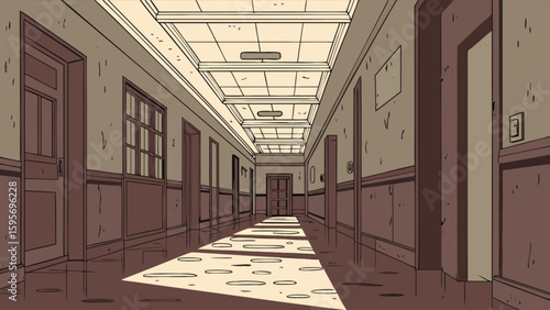 Perspective view of a long hallway with doors and windows and light streaming in from the end 100