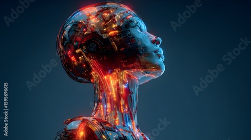 Profile of a futuristic, translucent woman with glowing internal