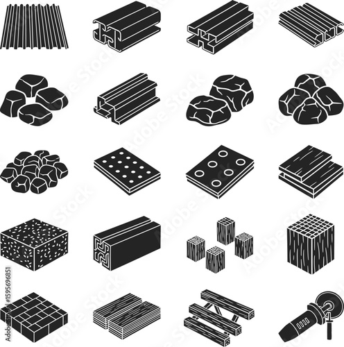 Construction Materials Silhouette Icon Set - Tools, Building & Equipment