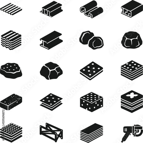 Construction Materials Silhouette Icon Set - Tools, Building & Equipment