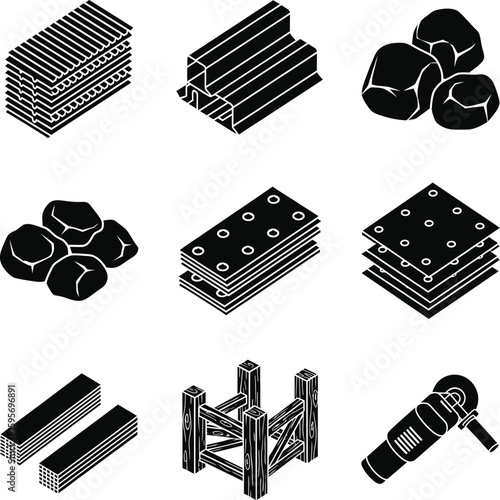 Construction Materials Silhouette Icon Set - Tools, Building & Equipment