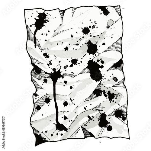 Ink sketch of crumpled paper with blood stains, hand-drawn vector illustration, graphic element for Halloween, retro old style

