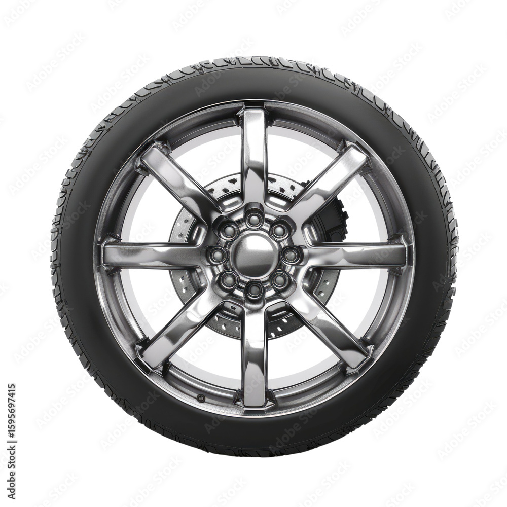 Obraz premium A chrome alloy wheel with a black tire, isolated on a transparent background. background removed