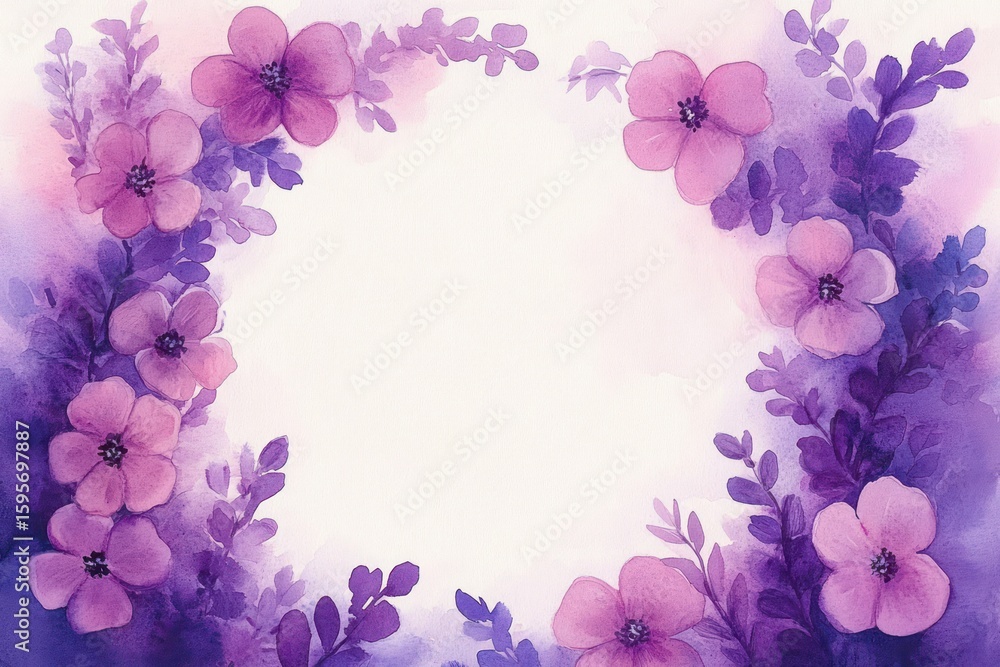 delicate watercolor painting of pink and purple flowers forming a frame with leaves on a soft white background evoking calm and elegance delicate watercolor painting of pink and purple flowers forming a frame with leaves on a soft white background evoking calm and elegance