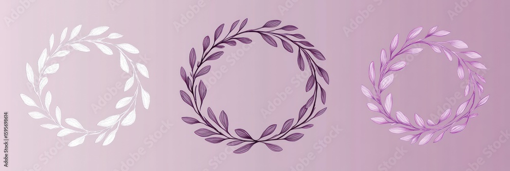Fototapeta premium Three circular wreaths made of delicate leaves with different shades of purple and white on a soft light purple gradient background