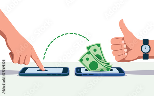 Finger touching phone transferring money with thumbs up vector