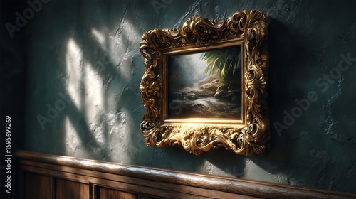 A close-up of a deep green museum wall with a single, massive gold-framed painting, the intricate carvings on the frame gleaming under soft gallery lighting, shadows adding depth.