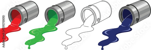 Colorful paint spill vector illustration, paint cans with flowing red green blue and white paint