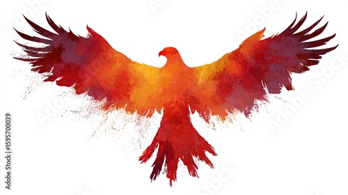 Fiery bird with outstretched wings rendered with watercolor effect on a white background
