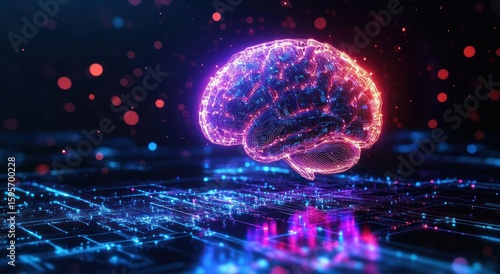 Glowing digital brain hovering above a futuristic electronic circuit board with vibrant neon blue and pink lights, evoking innovation and advanced technology