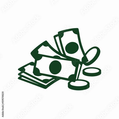 Green banknotes and coins scattered on a white background money currency