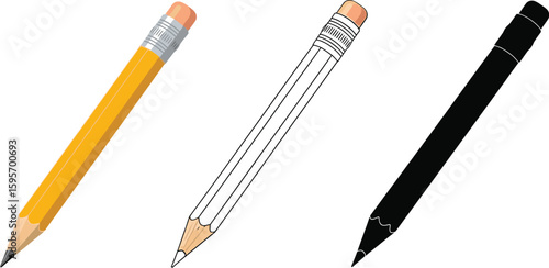 Three pencils illustration: yellow pencil, outline pencil, and black pencil drawing design element