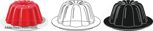 Red gelatin dessert vector illustration: jello mold, outline, and silhouette for design projects