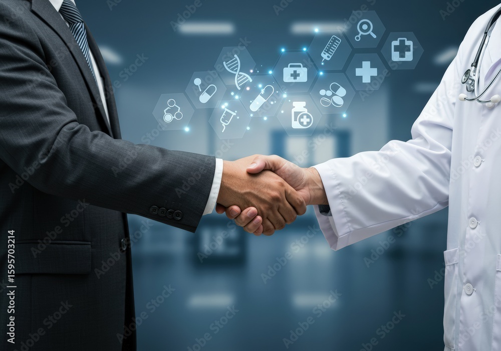 Obraz premium A businessman and a doctor shaking hands to form a medical partnership in healthcare.
