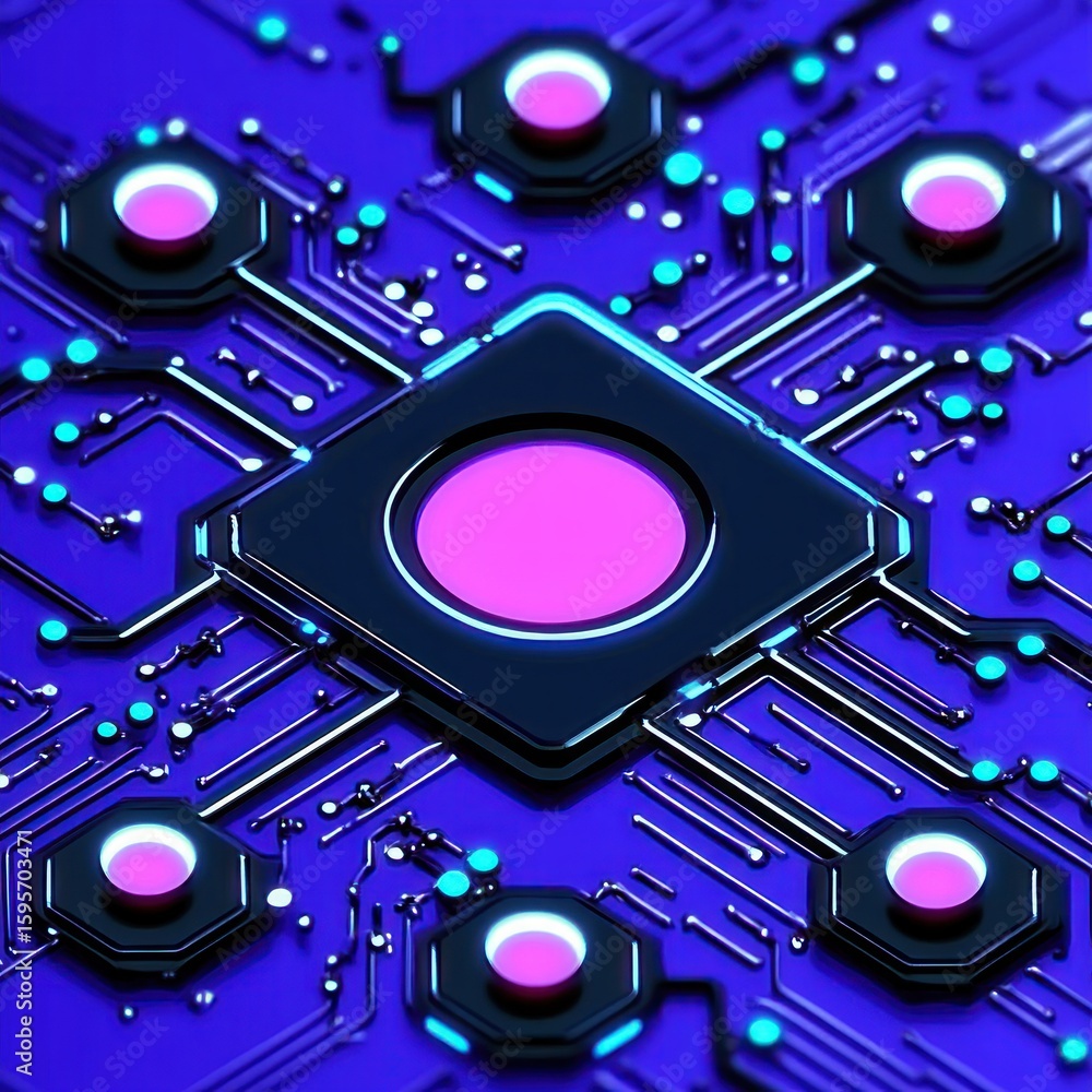 Fototapeta premium Close-up of a futuristic purple and blue electronic circuit board with glowing pink and blue circular nodes and interconnected pathways, conveying a high-tech digital energy