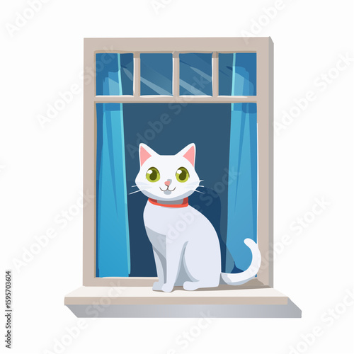 A cute white cat sitting by the window, gazing outside.