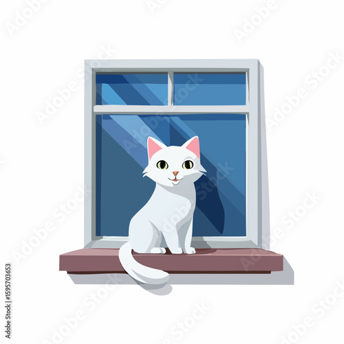 A cute white cat sitting by the window, gazing outside.