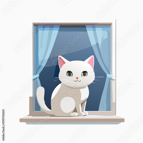 A cute white cat sitting by the window, gazing outside.