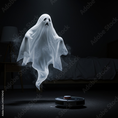 Funny, annoyed ghost in white sheet floating above robotic vacuum cleaner. spooky spirit looks scared and bothered by smart home appliance on dark background