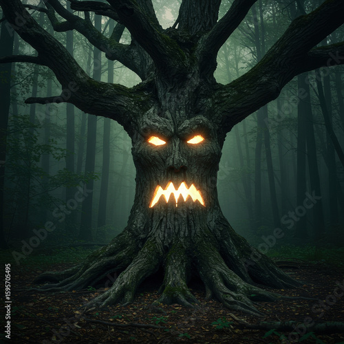 Creepy gnarled tree monster with scary face in dark horror forest. angry creature has glowing eyes and mouth, creating frightening and evil scene
