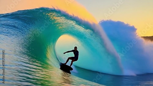 Surfer riding a massive wave at sunrise