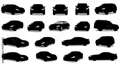A diverse collection of modern car silhouettes isolated on a white background. Automotive concept graphics for transport and design.