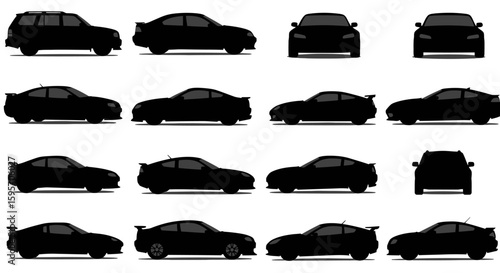 A comprehensive collection of black car silhouettes isolated on a white background. Various vehicle types including sedan, coupe, and wagon from side, front, and rear views.