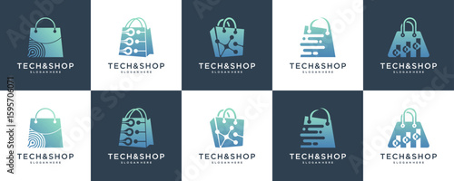 Collections of Shopping Bag with Molecule Connection Technology Symbol, Abstract of Tech Shopping or Online Shop Logo Design Vector Ideas. 