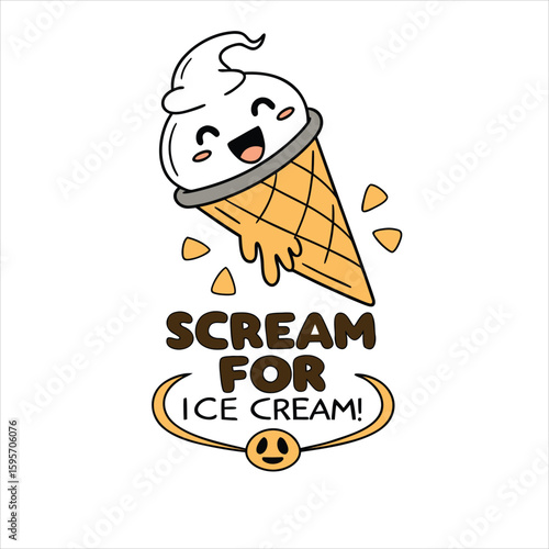Cartoon ice cream cone with a face and text on a white background