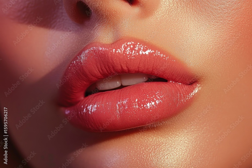 Fototapeta premium Close-up of a person's glossy, well-moisturized lips and smooth skin with natural warm lighting enhancing texture and shine